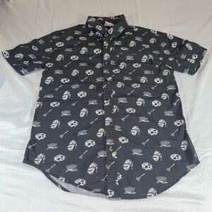 Pyknic Mens Medium Grey Skull Cereal Milk Print Short Sleeve Button Up Shirt